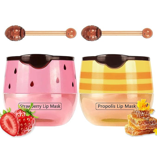 2PCS Bee Lip Balm Honey Pot & Strawberry Vitamin E Lip Sleep Masks Hydrating Prevention Dry and Cracked Lip Scrubs Exfoliator, Reduces Lip Lines，Lip Exfoliating Balm Sleeping Lip Mask-VivaGrace Women
