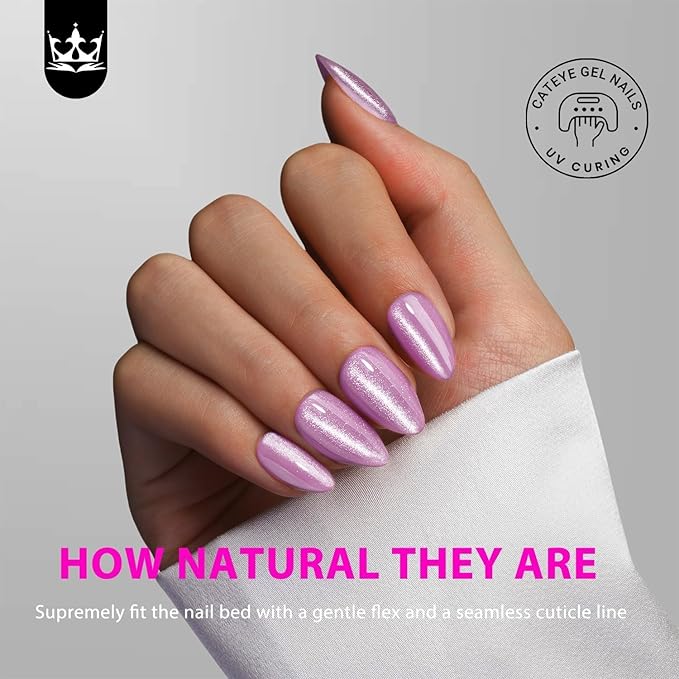 KQueenest Glitter Cat Eye Press on Nails Short Almond with UV Coating, Thick Cute Gel Nails Press on, Gloss Acrylic Fake Nails Glue on with Bling Designs - 30 Reusable False Nails, Lilac Sparkle