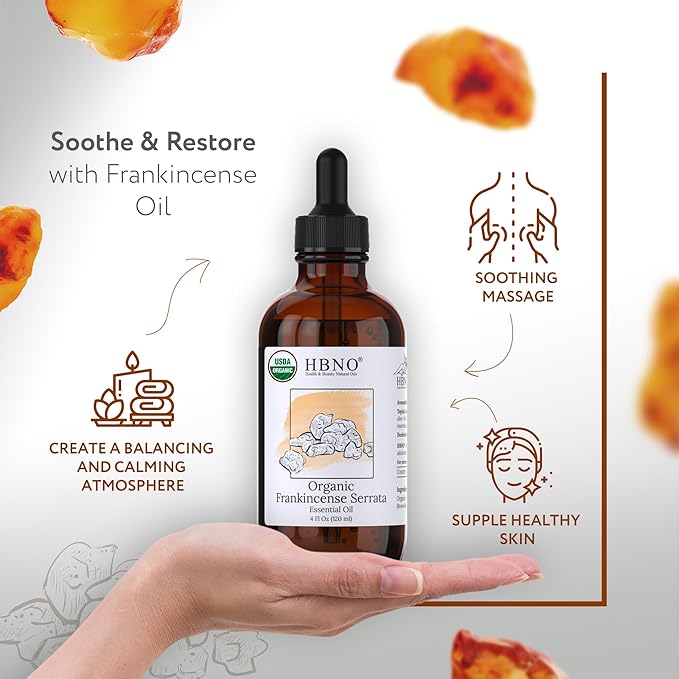 HBNO California Bottled Organic Frankincense Essential Oil 4 fl oz (120ml) - USDA Certified Oil - Organic Frankincense Essential Oil for Skin and Aromtherapy-VivaGrace Women