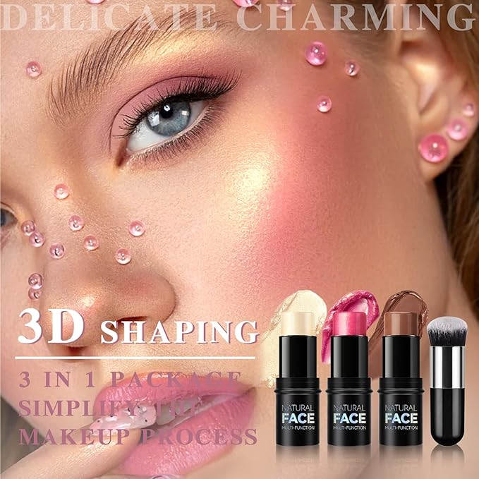 3Pcs Contour Highlighter Cream Blush Stick for Cheeks Eyes Lips Lightweight Dewy Finish Blush Stick Waterproof Long Lasting Contour Stick Trio Wand Face Makeup Set for Girls and Women (1+3+4)-VivaGrace Women