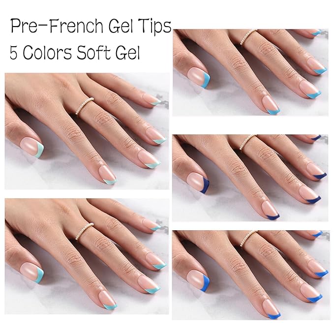 Blue Short French Tip Press on Nails, 150pcs Square French Gel Nail Tips 15Sizes, 3 in 1 Pre-lasting Soak Off Acrylic Fake Nails, No Need to File False Nail Tips Extension for Women Nails