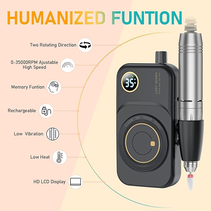 Portable Nail Drill Electric File: 35000RPM Professional Rechargeable Nail E File Machine,for Acrylic Nails Gel Polishing Removing, Cordless Efile with Bits Kit for Manicure Salon Home (Black)-VivaGrace Women