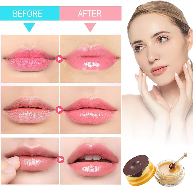 2 Pack Bee Lip Balm Honey Pot, Honey & Strawberry Lip Mask Propolis Lip Mask Moisturizing Hydrating Prevention Dry and Cracked Lip Scrubs Exfoliator (Honey+Strawberry)-VivaGrace Women