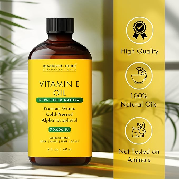 Majestic Pure Vitamin E Oil - 100% Pure & Natural, 70,000 IU | Premium Grade, Cold-Pressed and Tocopherol to Repair Dry, Damaged Skin | Moisturizing Skin, Hair and Scalp 2 Fl Oz-VivaGrace Women