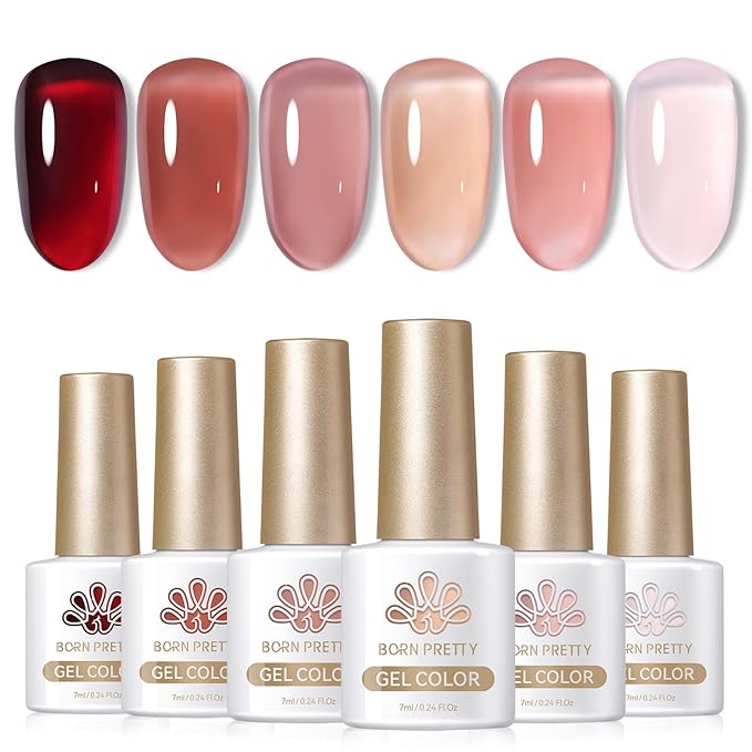 Born Pretty Jelly Burgundy Gel Nail Polish Blood Wine Red Nude Pink Gel Polish Sheer Transparent Halloween Gel Polish Kit Wild Rose for Salon Manicure and Nail Art DIY at Home 6Colors-VivaGrace Women