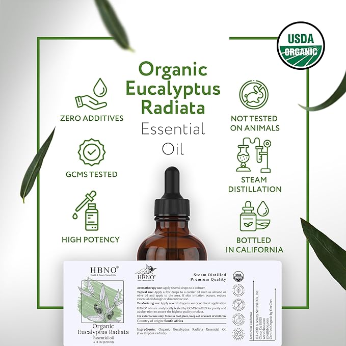 HBNO Organic Eucalyptus Radiata Essential Oil - 4 oz (120ml) - USDA Certified Organic Eucalyptus Radiata Essential Oil, Soap Making, DIY, Fragrances, Diffuser-VivaGrace Women