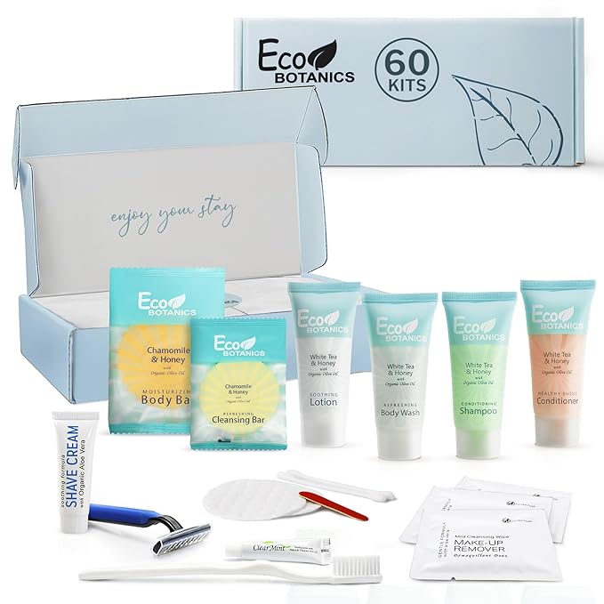 Eco Botanics Amenity & Accessory Kit | 0.85 oz Travel Size Shampoo, Conditioner, Lotion, Body Wash, Soap Bar, Shave & Dental Sets, Make-Up Remover Wipes, & Vanity Kit | 60 sets per case-VivaGrace Women