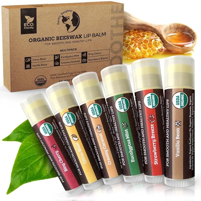 USDA Organic Lip Balm 6-Pack by Earth's Daughter - Fruit Flavors, Beeswax, Coconut Oil, Vitamin E - Best Lip Repair Chapstick for Dry Cracked Lips - Moisturizing Lip Care-VivaGrace Women