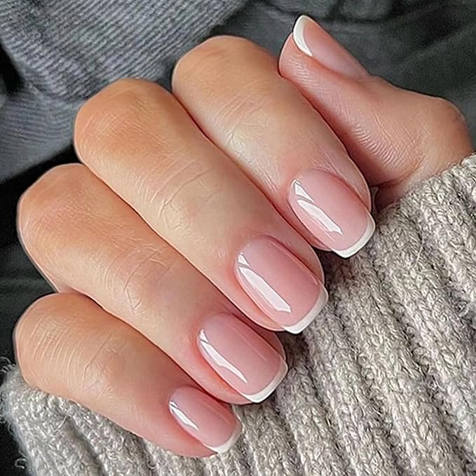 24Pcs Short Square Press on Nails Nude Pink Fake Nails with Jelly Glue White French Tip False Nail Glossy Artificial Finger Manicure Reusable Natural Fashion Nail Tips for Women