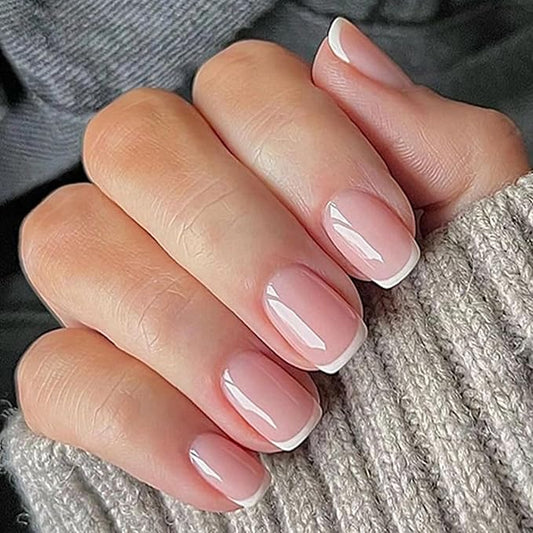 24Pcs Short Square Press on Nails Nude Pink Fake Nails with Jelly Glue White French Tip False Nail Glossy Artificial Finger Manicure Reusable Natural Fashion Nail Tips for Women