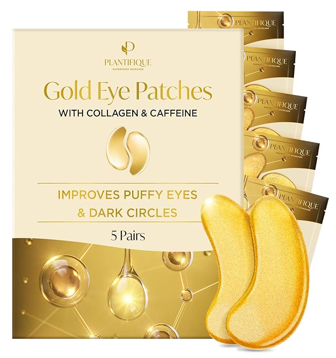 PLANTIFIQUE Gold Under Eye Patches for Puffy Eyes and Dark Circles 5 Pairs Under Eye Masks for Dark Circles and Puffiness Eye Gels with Collagen & Caffeine Eye Patches Gold Eye Mask Skincare-VivaGrace Women