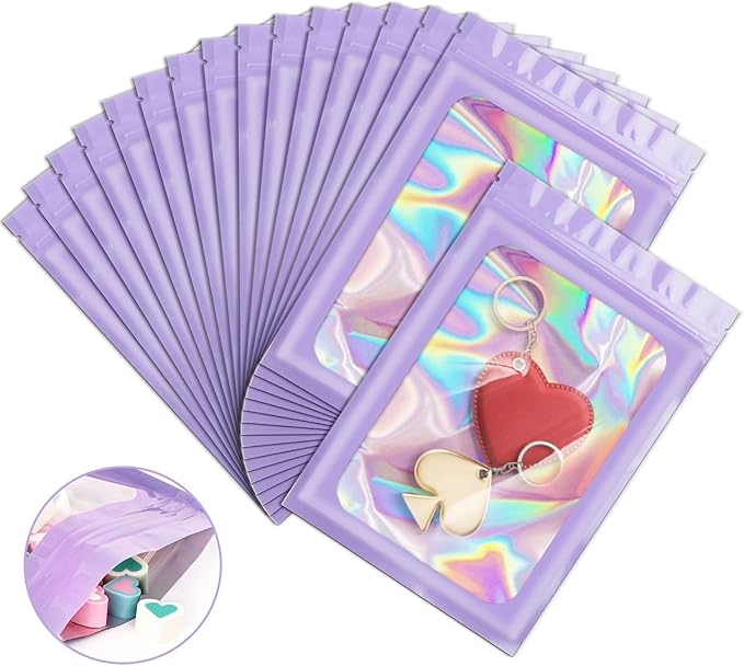100 Pack Holographic Bags, Packaging Bags, Clear Window Resealable Odor Foil Pouch Bag for Food Storage and Lipgloss, Jewelry Lash (Purple, 4 x 6 Inch)-VivaGrace Women