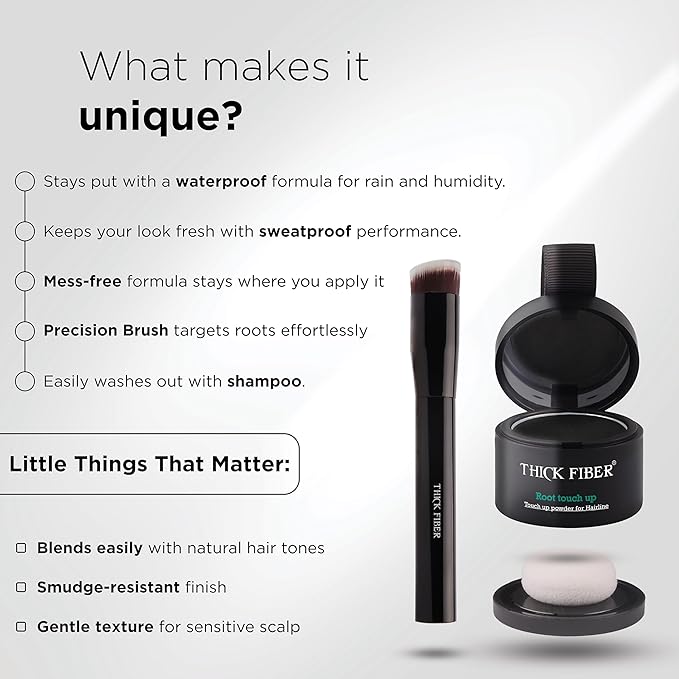 THICK FIBER Root Touch Up Powder - Water & Sweat Resistant Hair Loss Concealer Set for Thinning Hair Women, Includes Brush (Black)