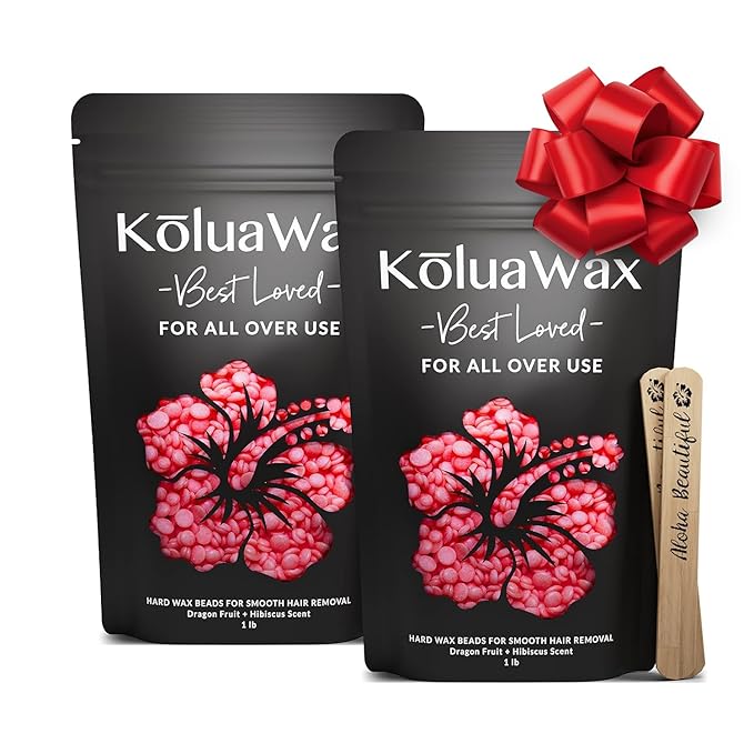 KoluaWax Hard Wax Beads for Hair Removal – Coarse Hair Formula – Face, Brazilian, Underarm, Back Chest, Bikini Waxing – Dragon Fruit & Hibiscus 1lb Refill for Wax Warmers & 10 Applicator Sticks 2 Pack-VivaGrace Women