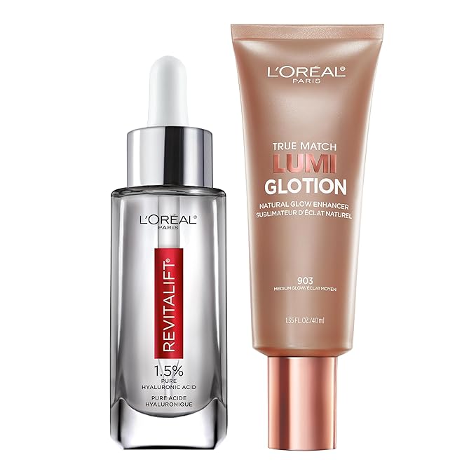 L'Oreal Paris Revitalift 1.5% Pure Hyaluronic Acid Face Serum 1.0 oz + True Match Lumi Glotion Natural Glow Enhancer Lotion, Medium 1.35 fl. oz, 1 kit-VivaGrace Women