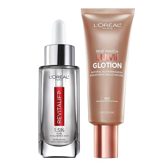 L'Oreal Paris Revitalift 1.5% Pure Hyaluronic Acid Face Serum 1.0 oz + True Match Lumi Glotion Natural Glow Enhancer Lotion, Medium 1.35 fl. oz, 1 kit-VivaGrace Women