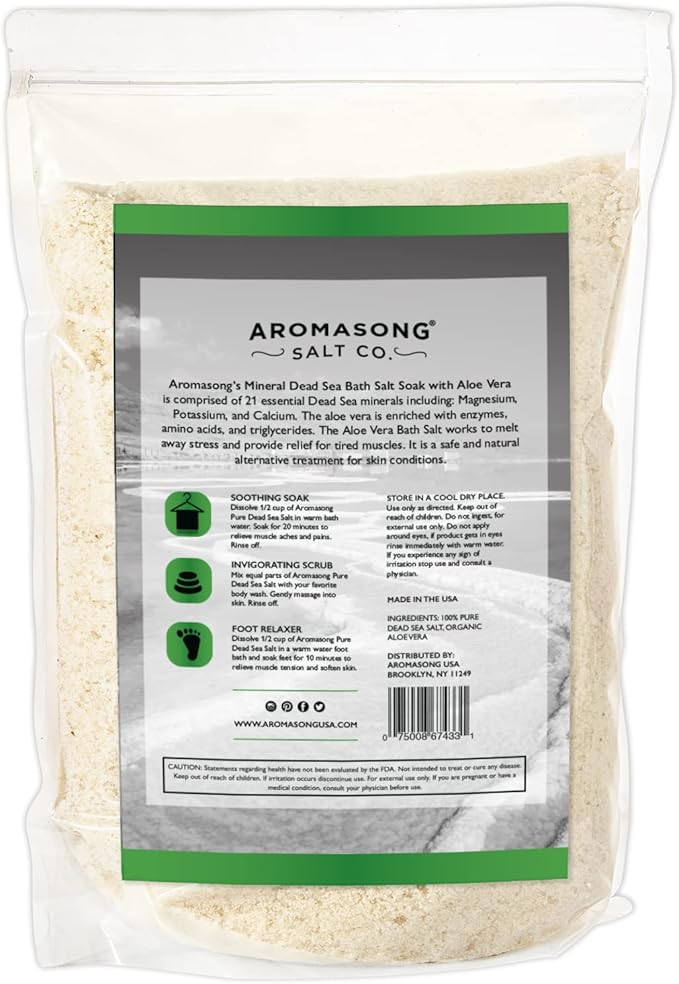Aromasong 19 lbs RAW Dead Sea Salt with Organic Aloe Vera, not Cleaned, Still Contains All Dead sea Minerals Including Dead sea Mud, Fine Medium Grain Large resealable Bulk Pack - Packaging May Vary-VivaGrace Women