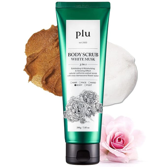 PLU Original Korean Walnut Body Scrub Polish - White Musk - Exfoliating & Moisturizing & Glow - for Acne, Cellulite, Stretch Marks, Spider Veins - Soft Musk Scent, 6.76 oz.-VivaGrace Women