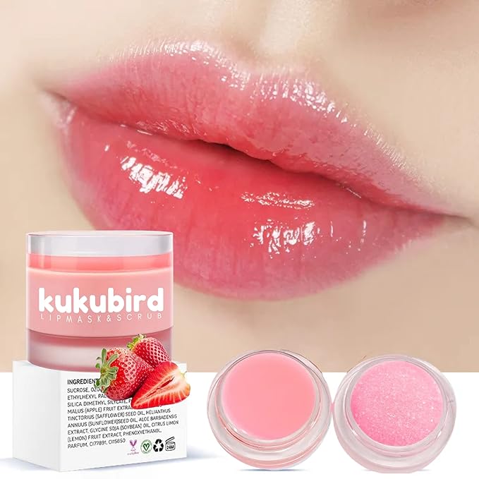 kukubird Lip Mask Overnight Hydrating Lip Balm Mask Exfoliating Lip Scrub Lip Care Treatment For Chapped and Cracked Lips-Strawberry-VivaGrace Women
