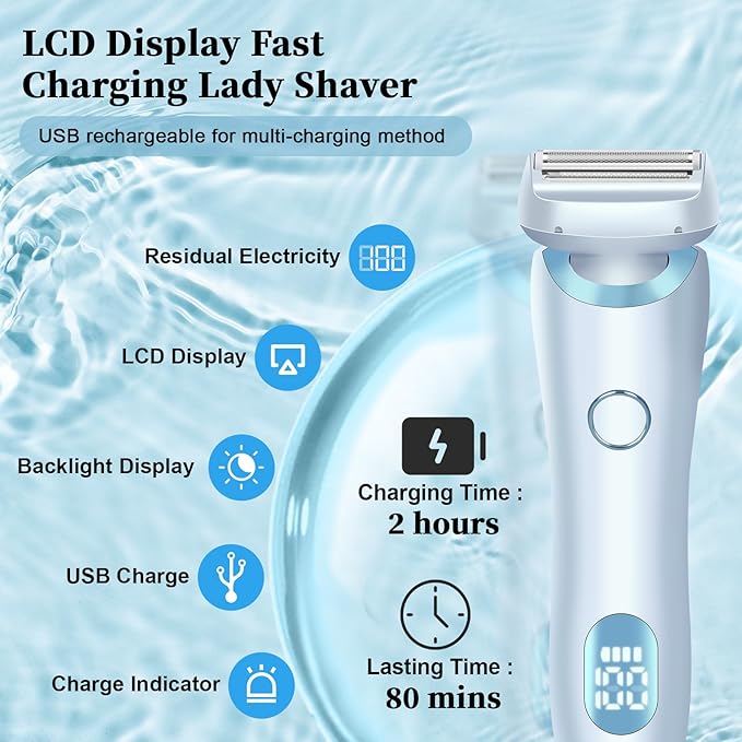 Electric Shaver Razors for Women 2-IN-1 Electric Razor for Womens Legs Underarm Face Pubic Hairs,Wet Dry Use Rechargeable Bikini Trimmer Hair Removal with Detachable Head,Painless IPX7 Waterproof Blue-VivaGrace Women