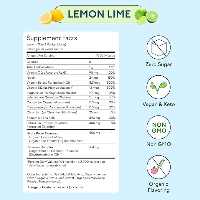 Feel Goods Hydration Hero, 1,000mg Electrolytes Powder, Sugar Free, Magnesium, Organic Aloe Vera, L Theanine, Vitamin C & B12, Non GMO, Keto, Vegan, Electrolyte Packets | Lemon Lime, 15 Count-VivaGrace Women