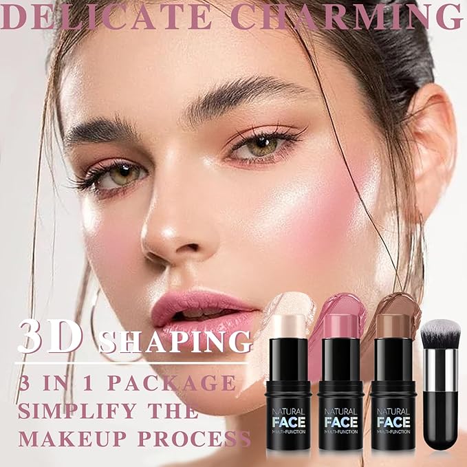 3 Pcs Cream Blush Contour Highlighter Stick for Cheeks Eyes Lips Lightweight Dewy Finish Blush Stick Waterproof Long Lasting Contour Stick Trio Wand Face Makeup Set for Girls and Women (2+5+6)-VivaGrace Women