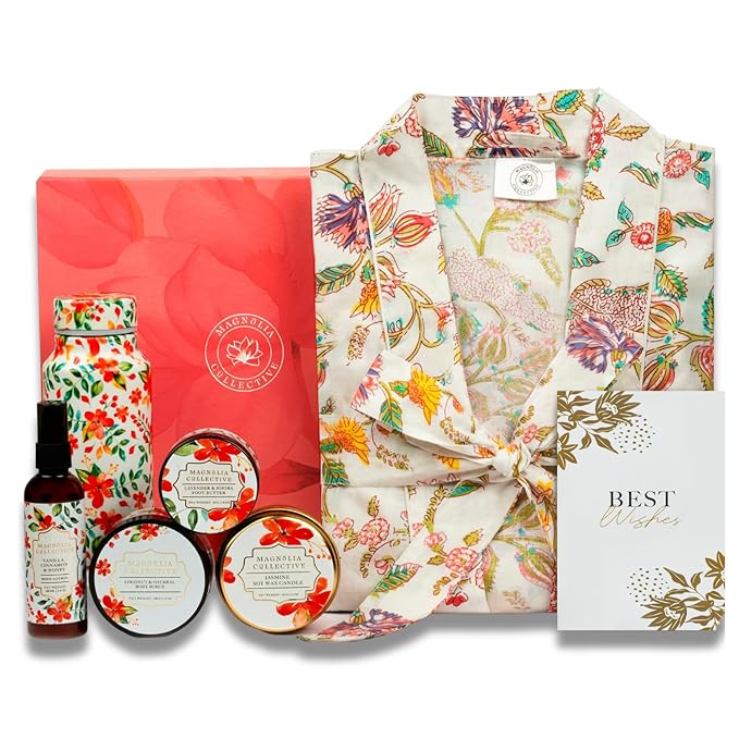 Spa Gift Set with Robe - 7 pc for New Mothers Postpartum Moms & Expecting- Luxurious Gift Set w Jasmine Candle Honey Lotion Coconut Oatmeal Body Scrub - All-Natural for Self-Care. Push present.-VivaGrace Women