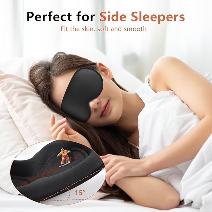 Sleep Mask for Side Sleeper Women Men, Eye Mask for Sleeping Light Blocking, 3D Contoured Cup Sleeping Mask, Soft Breathable Sleep Eye Mask with Adjustable Elastic Strap for Travel (Black)-VivaGrace Women
