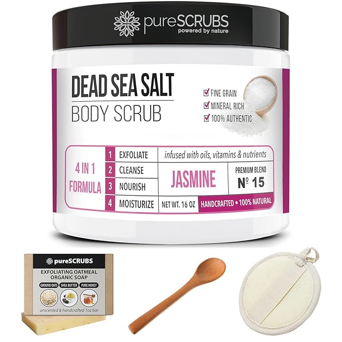 pureSCRUBS Premium Jasmine Body Scrub Set - Large 16oz Dead Sea Salt Body Scrub With Infused Essential Oils & Nutrients Includes Wooden Spoon, Loofah & Oatmeal Exfoliating Bar Soap-VivaGrace Women