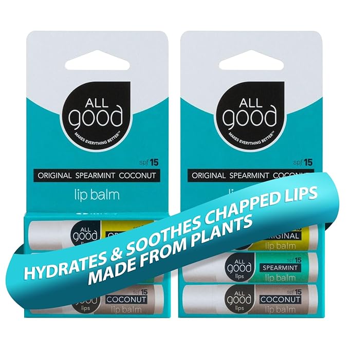 All Good Organic SPF15 Lip Balm - Hydrating Lip Care with Olive Oil, Beeswax, Calendula, Lavender, Vitamin E - Lip Moisturizer with Zinc Oxide Protection - Original, Spearmint & Coconut (6-pack)-VivaGrace Women