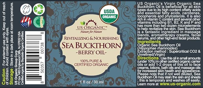 US Organic Sea Buckthorn Berry (Fruit) Oil, Supercritical CO2 extracted, USDA Certified Organic,100% Pure Virgin, Unrefined in Amber Glass Bottle, Face, Hair, spot Treatment, Anti Aging, 1 oz (30 ml)-VivaGrace Women