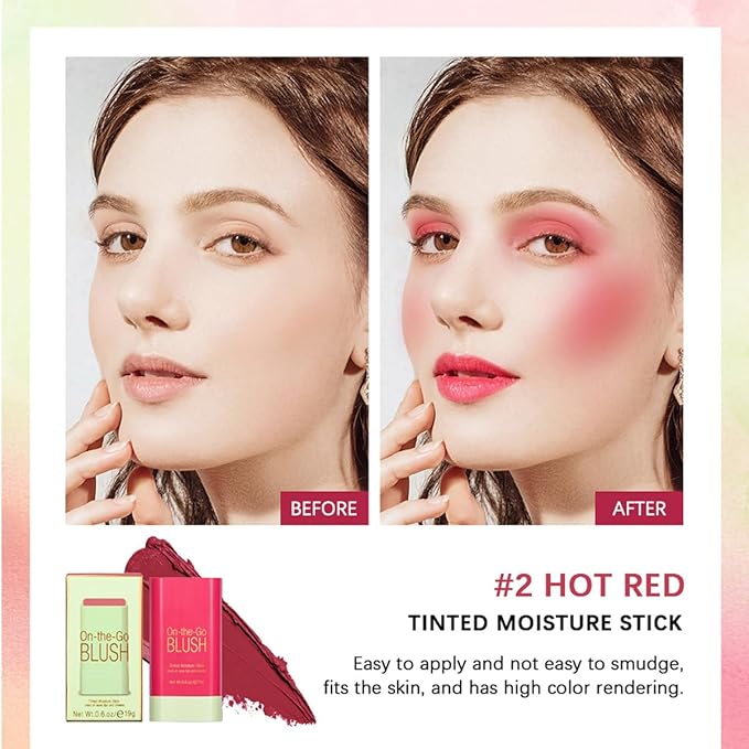 Multi-Purpose Makeup Blush Stick, 3-in-1 Beauty Tinted Solid Blush Stick For Cheeks, Lips And Eyes Waterproof Natural Cream Blush Stick With Long-Lasting Moisturizing Formula (#2Hot Red)-VivaGrace Women
