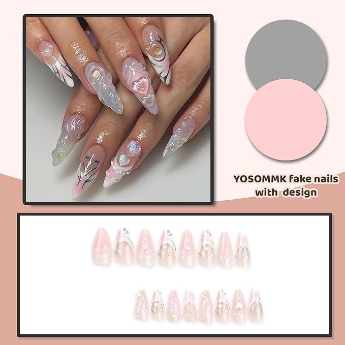 French Tip Press on Nails Medium Almond Fake Nails with 3D Heart Designs Glossy Y2K Full Cover False Nails Sliver Swirl Glue on Acylic Nails for Women