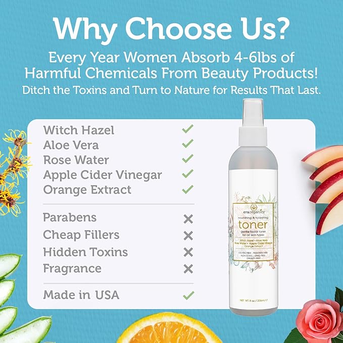 Era Organics Hydrating Toner for Face - Refreshing and Balancing Anti Aging Facial Mist with Rose Water, Apple Cider Vinegar, Witch Hazel-VivaGrace Women
