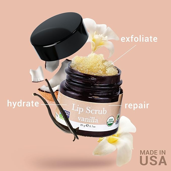 Organic Lip Scrub Vanilla - USA Made Exfoliating Lip Scrub with Natural & Organic Ingredients, Moisturizing Lip Exfoliator Scrub for Dry Lips, Lip Scrubber Exfoliator & Sugar Scrub for Smooth Lips-VivaGrace Women