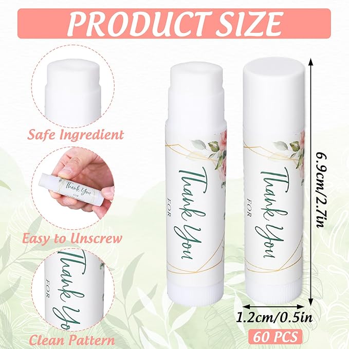 Whaline 60Pcs Thank You Gift Lip Balm Bulk Wedding Lip Balms Vanilla Flavor Floral Moisturizing Lip Care Guest Basket Gift Stuffer for Bridal Shower Baby Shower Birthday Party Favor Supplies-VivaGrace Women