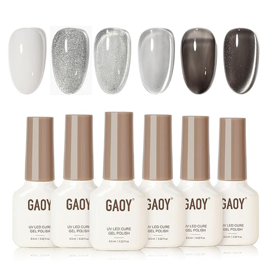 GAOY Black & White Cat Eye Gel Polish Set with Magnet 6 Colors Includes Opal White, Jelly Black & Silver Glitter, Magnetic Holographic Nail Art