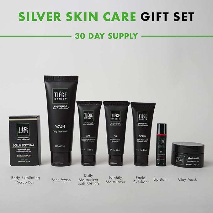 Tiege Hanley Mens Skin Care Gift Box Set, Silver - Men's Skincare Set Includes Face Wash, AM & PM Facial Moisturizer, Face Clay Mask & Scrub, Body Scrub Bar, & Moisturizing Lip Balm-VivaGrace Women