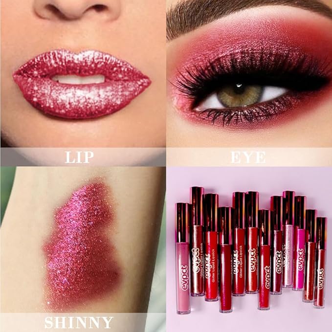 evpct 2Pcs Plum & Dark Wine Red Matte to Glitter Liquid Lipstick Long Lasting Lip Set Kit for Women Diamond Shiny Glitter Sparkly Glossy Metallic Shimmer Sparkle Waterproof Lipstick Lip Gloss 06+13-VivaGrace Women