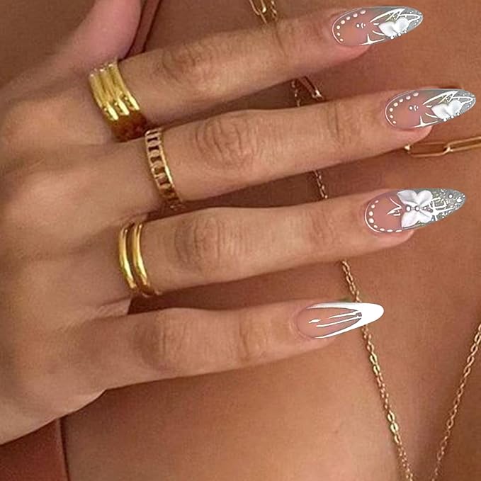 Medium Fake Nails Almond Press on Nails with Butterfly Designs French Tip Glossy Glue on Acrylic Nails Nude Full Cover Stick on Nails for Women and Girls