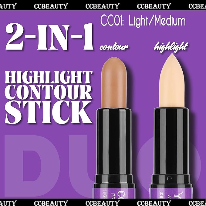 CCbeauty 2pcs 2-IN-1 Matte Contour Highlighter Stick with Blush,Cream Dual-End Highlight Bronzer Concealer & Blusher for Cheeks & Lip, Long Lasting Contouring for Face Shaping Makeup, Light-Medium-VivaGrace Women
