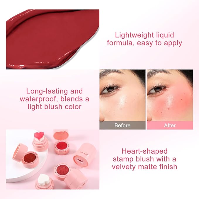Boobeen Liquid Blush for Cheeks, Buildable & Blendable Face Blusher, Cheek Stamp Blush with Heart-shaped Applicator, Lightweight Air Cushion Blush for Velvet Matte Finish-VivaGrace Women