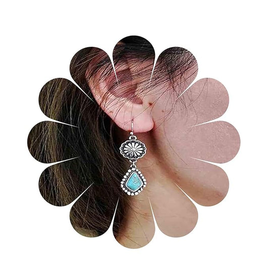 Boho Oval Turquoise Earrings Silver Circle Dangle Drop Earrings Vintage Flower Earrings Tribal Earrings Jewelry for Women and Girls-VivaGrace Women