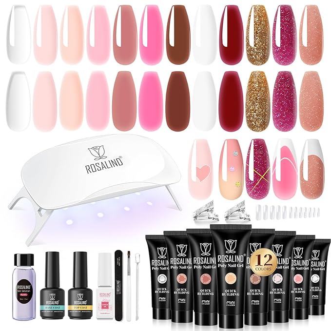 ROSALIND 12PCS Pink Brown Poly Nail Gel Kit with Mini Nail Lamp White Glitter Pink Poly Extension Gel Set-VivaGrace Women