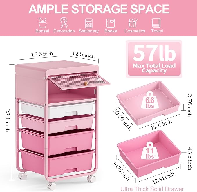 Utility-Rolling-Storage-Drawer-Craft-Cart-Organizers with 4 Drawers & Dust-Proof Door for Kid Craft Art Room,Bedroom,Home Office, Classroom, Rose Pink-VivaGrace Women