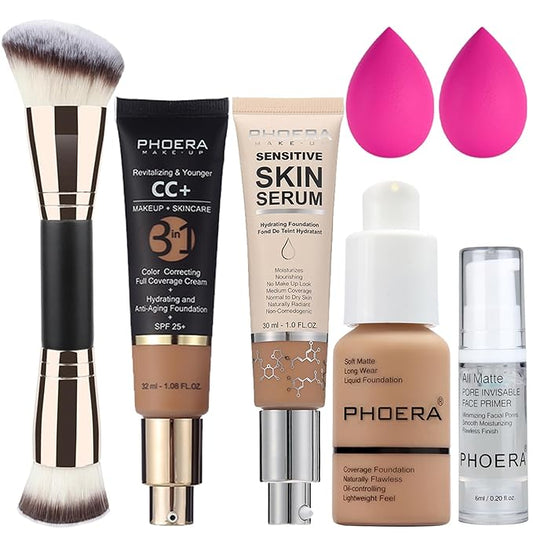 PHOERA Foundation, PHOERA Contour Palette,Shades with Highlighter & Bronzer & Blush,PHOERA Makeup Lightweight Long Lasting Wrinkles Matte Natural Finish (105+160CC+N04/ Sand+ Sand+Sand)-VivaGrace Women