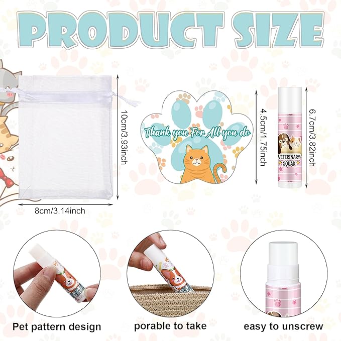 36 Sets Vet Tech Gift Animal Lip Balm Thank You Tag Organza Bag Veterinarian Appreciation Gifts Vet Tech Week Gift for Veterinary Technologist Nurse Birthday Christmas End of Year Supplies-VivaGrace Women