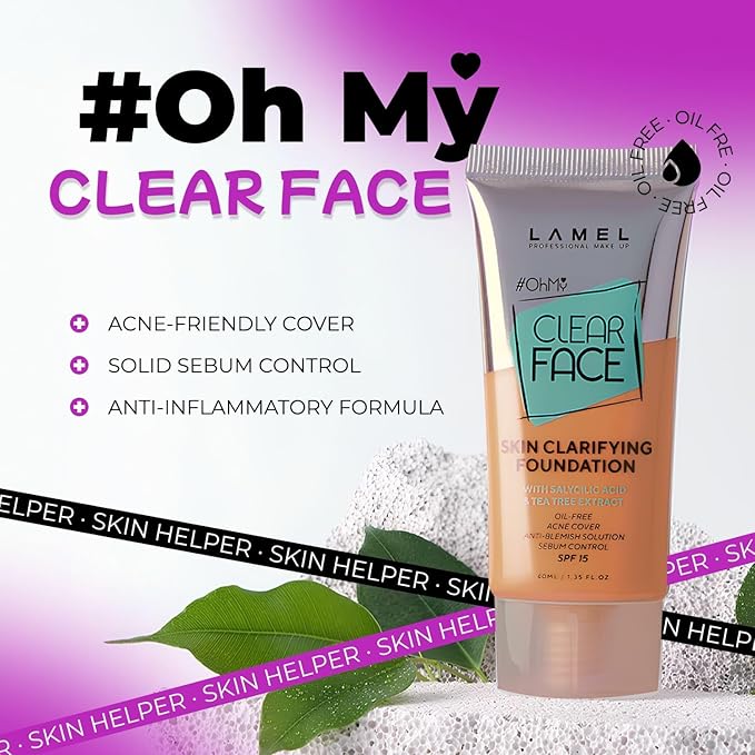 Lamel- Oh my Clear Face Foundation- SPF15-408 Golden | Contains tea tree extract and salicylic acid |Controls sebum production |Anti-blemish formula |SPF 15 |Oil free foundation | 40ml-VivaGrace Women