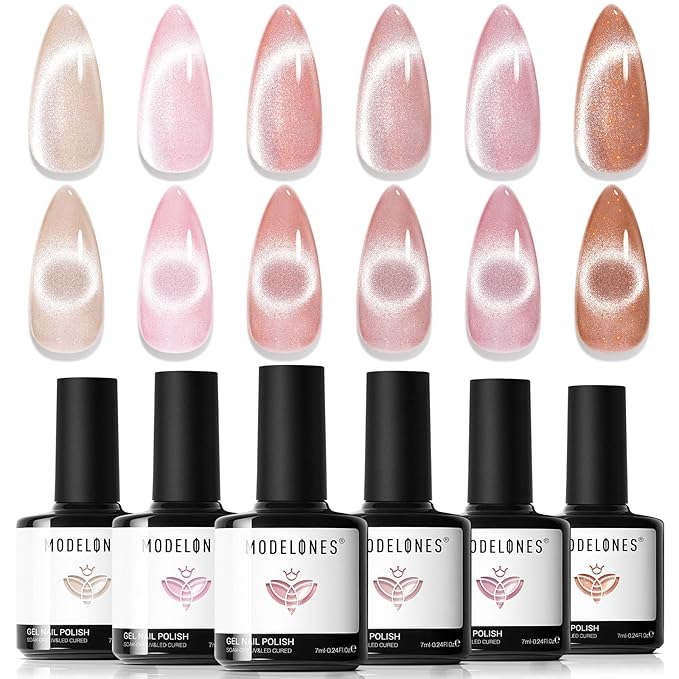 modelones Cat Eye Gel Nail Polish, 6 Colors Nude Gel Polish Pink Glitter Brown with Magnet Sparkle Galaxy Series Nail Polish Kit Soak Off Led Nail Art Manicure Salon DIY Gifts-VivaGrace Women