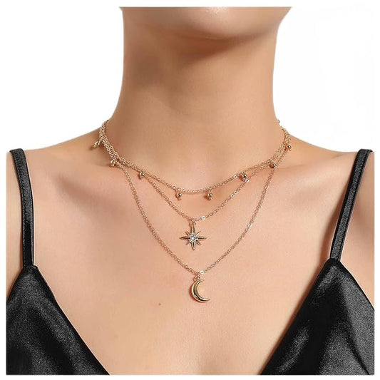 Bohemia Layered Star Choker Necklace Crescent Moon Pendant Necklace Chain Crystal Star Choker Necklace Gold Moon Necklace Jewelry for Women and Girls-VivaGrace Women